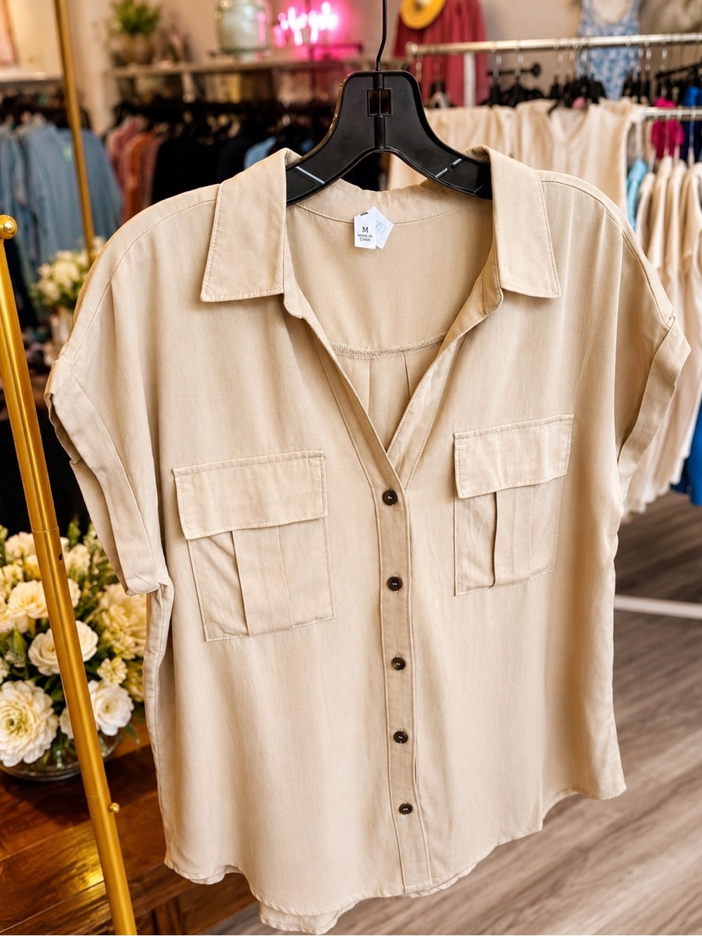 Zenana Outfitters Beige Button-Front Utility Shirt